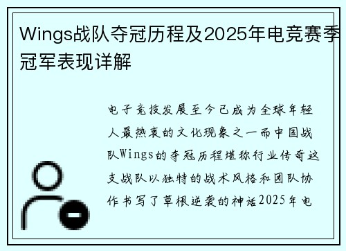 Wings战队夺冠历程及2025年电竞赛季冠军表现详解